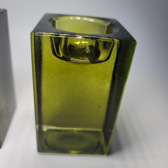 Set 3 block green glass candle holders midcentury - Picture 8 of 9
